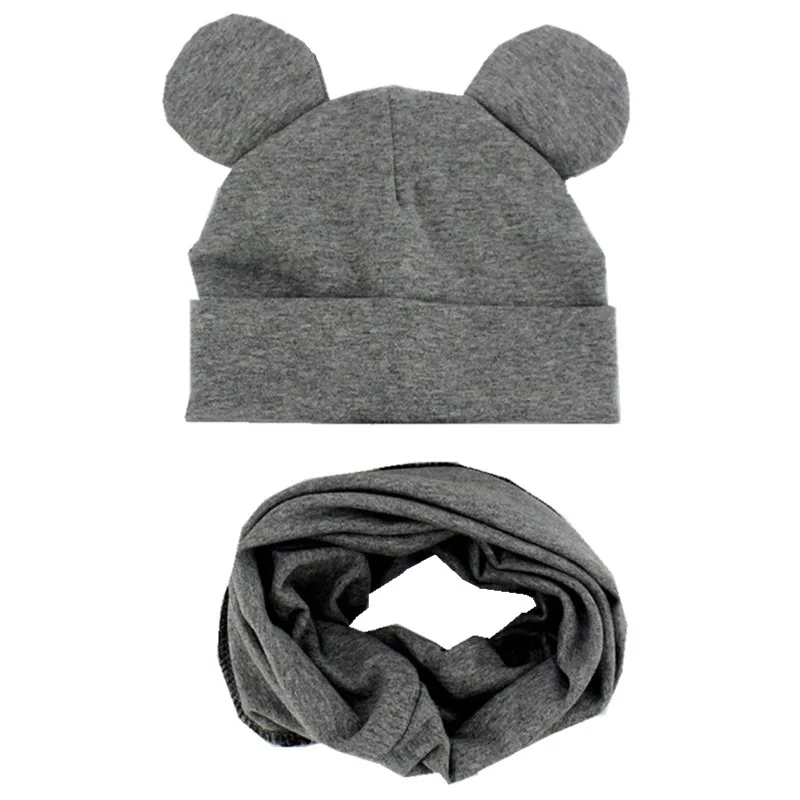 gray ear set Хлопковый Детский комплект из шапки и шарфа, детские милые шапки с ушками, высококачественные шапки и шарфа для мальчиков и девочек, детские шляпы, реквизит для фотосессии - Цвет: gray ear set