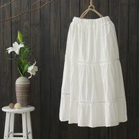 free shipping 2021 new fashion spring and summer embroidery flower white 100 cotton elastic waist skirt long mid calf skirts