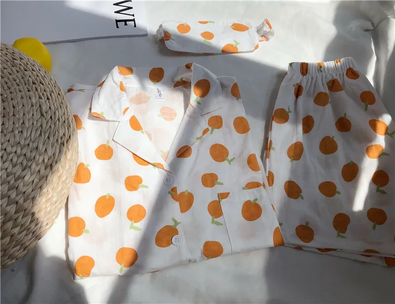Fdfklak Orange print pyjamas women cotton sleepwear set casual student's nightwear pijama home wear pajamas sets with Eye mask | Женская