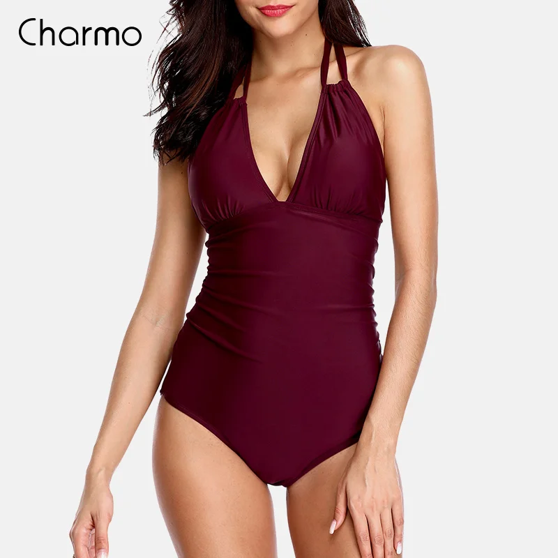 WIN Charmo Монокини купальник женский с высокой горловиной цельный купальник сплошной цвет купальный костюм бандаж Мягкий сексуальный купальник бикини - Цвет: WIN