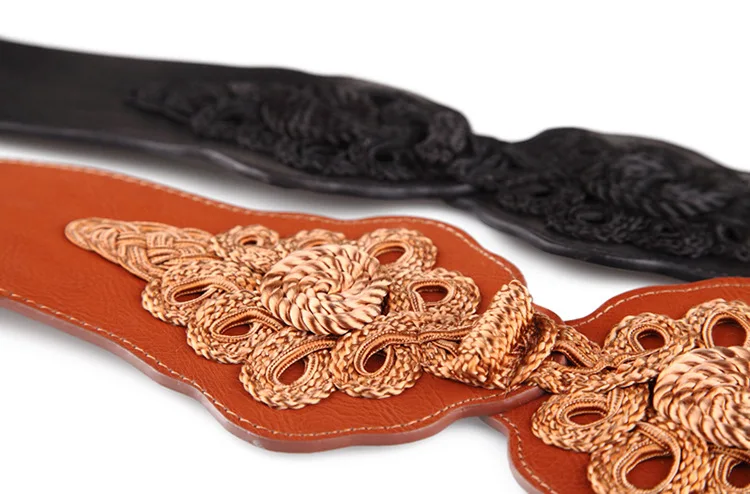 Luxury Women PU Leather Wide Elastic Belts Chinese Style Knitted Floral female Decoration 2 Colors For Women Belt Cummerbunds