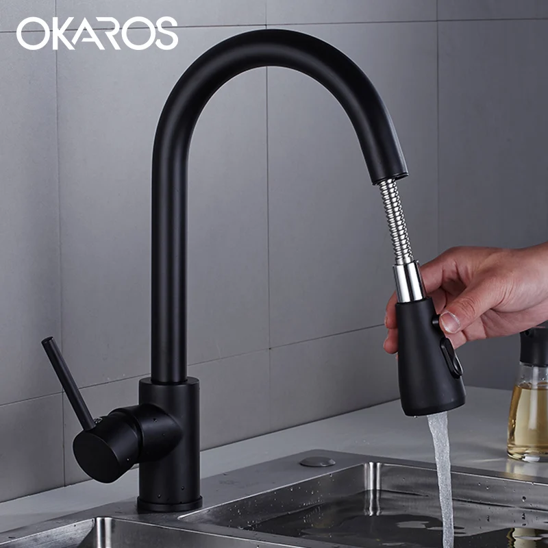 OKAROS черный/матовый смеситель для кухонной раковины выдвижной с двойной функцией