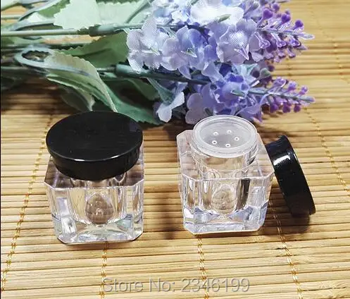 

3G 3ML Arcylic Powder Case, Cosmetic Square Transparent With Plastic Grid Jar, Black Lid Small Sample Packing Jar, 100pcs/lot