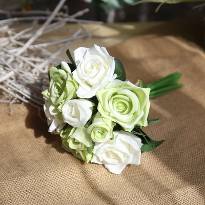 9PCS White green 7/8/9/12 шт./лот Искусственные цветы розы свадебный букет год розовый Королевская роза из шелка с цветочным принтом украшения дома Свадебная вечеринка Декор - Цвет: 9PCS White green