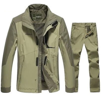 Army green Весенне-осенний походный костюм, Мужская Треккинговая куртка, штаны, Новое мужское пальто для рыбалки, для улицы, Jaqueta, для кемпинга, для походов, спортивная куртка, брюки, 1 комплект - Цвет: Army green