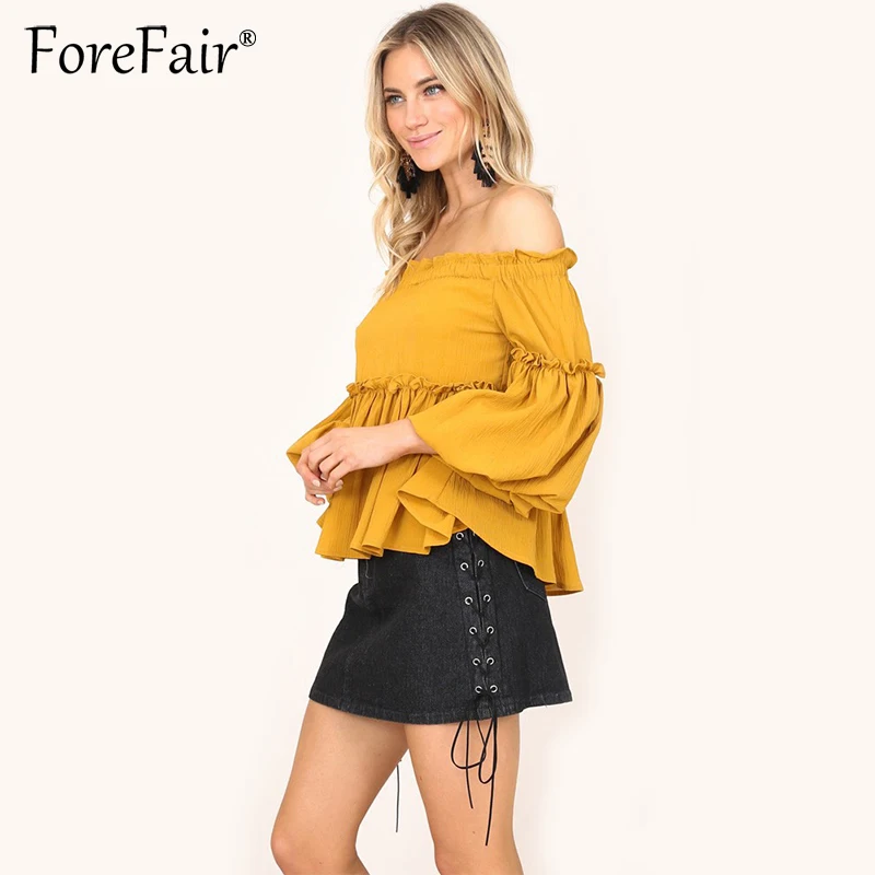 Forefair модная желтая Блузка с оборками для женщин 2017 вырезом лодочкой открытыми
