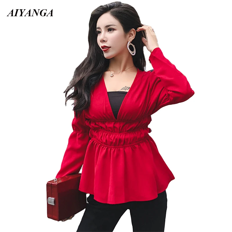 

2018 Autumn Blouses For Women V Neck Strapless Shirts Female High Waist Slim Red Long Sleeve Blouse Sexy Fashion Ladies Tops