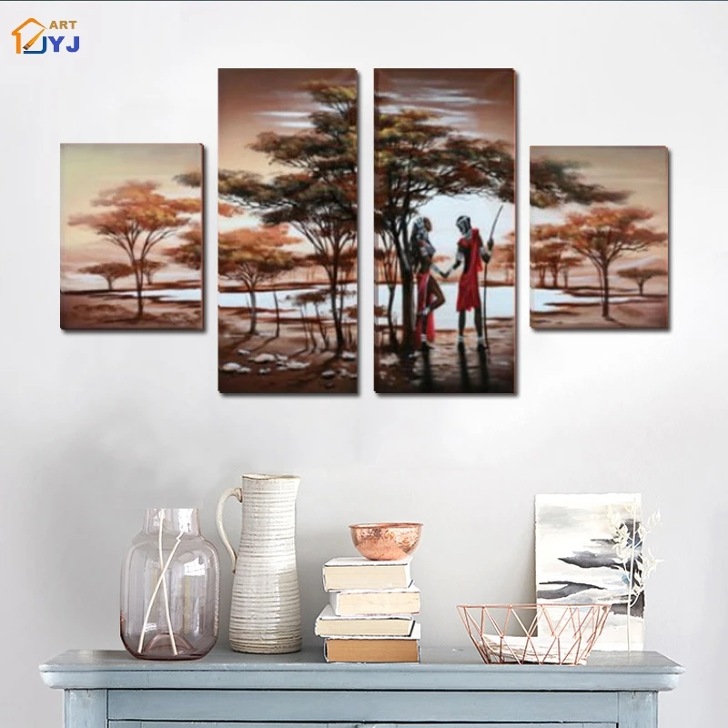 4 панели без рамки Большой Африканский пейзаж картина на стену искусство ручной