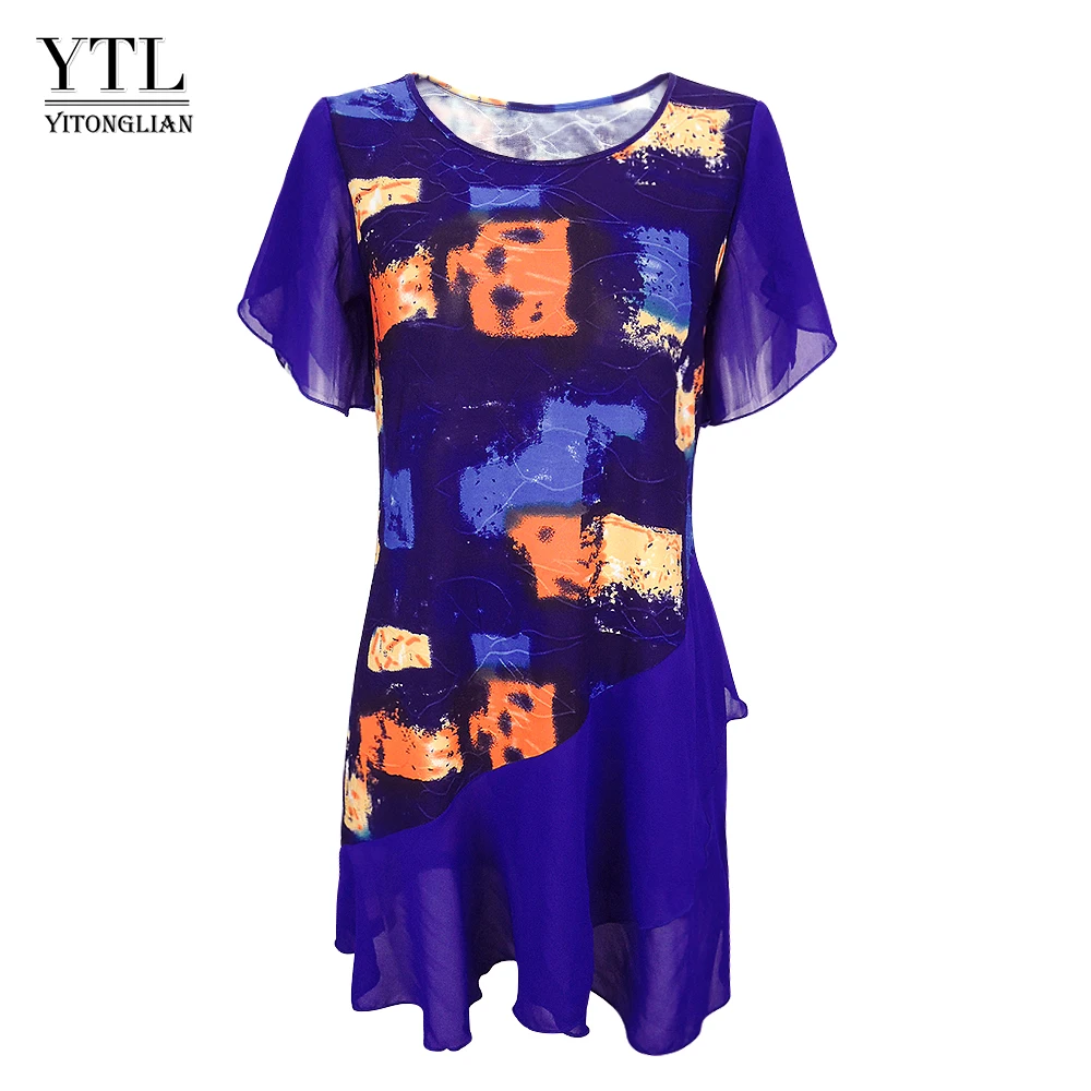 

Women's Tops and Blouses Tie Dye Bohemian Print Layered Chiffon Feminine Blouses Summer Short Sleeve Tunic H227