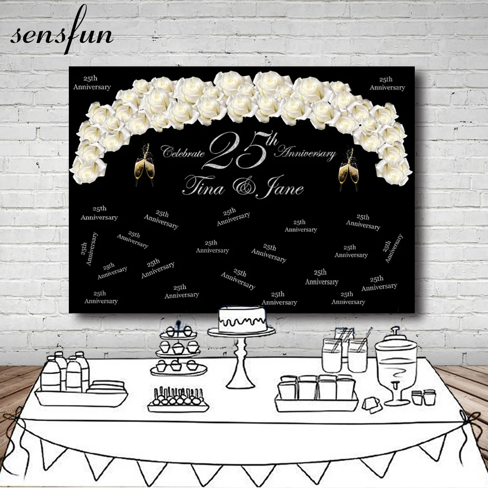 

Sensfun Wedding 25th Anniversary Black Photography Backdrop Rose Flower Champagne Backgrounds For Photo Studio Vinyl