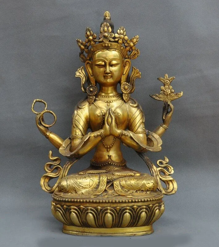 

Свадебное украшение Тибетский буддизм позолоченная бронза 4 руки Chenrezig богиня ТАРА статуя Гуаньинь Будды