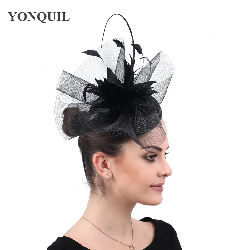 

Church Fascinators Accessories Black Feather Flowers Cocktail Mesh Veils Hair Clips Ladies Headwear Decoration Party Headpieces