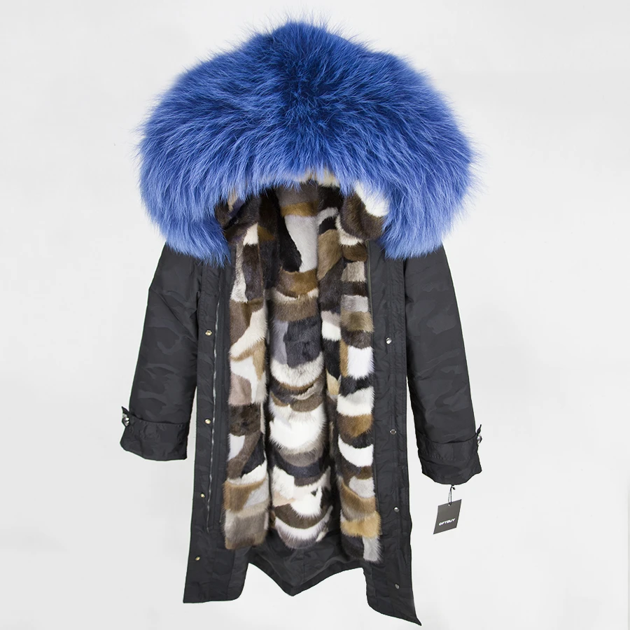 black Camouflage 27 OFTBUY пальто с натуральным мехом, зимняя куртка для женщин, удлиненная Камуфляжная парка, большой воротник из натурального меха енота, капюшон, подкладка из натурального меха норки - Цвет: black Camouflage 27