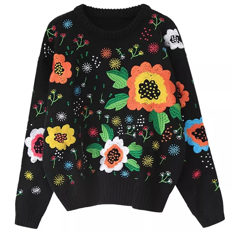 Boho зимний свитер для женский черный ретро Винтаж взлетно-посадочной полосы цветы
