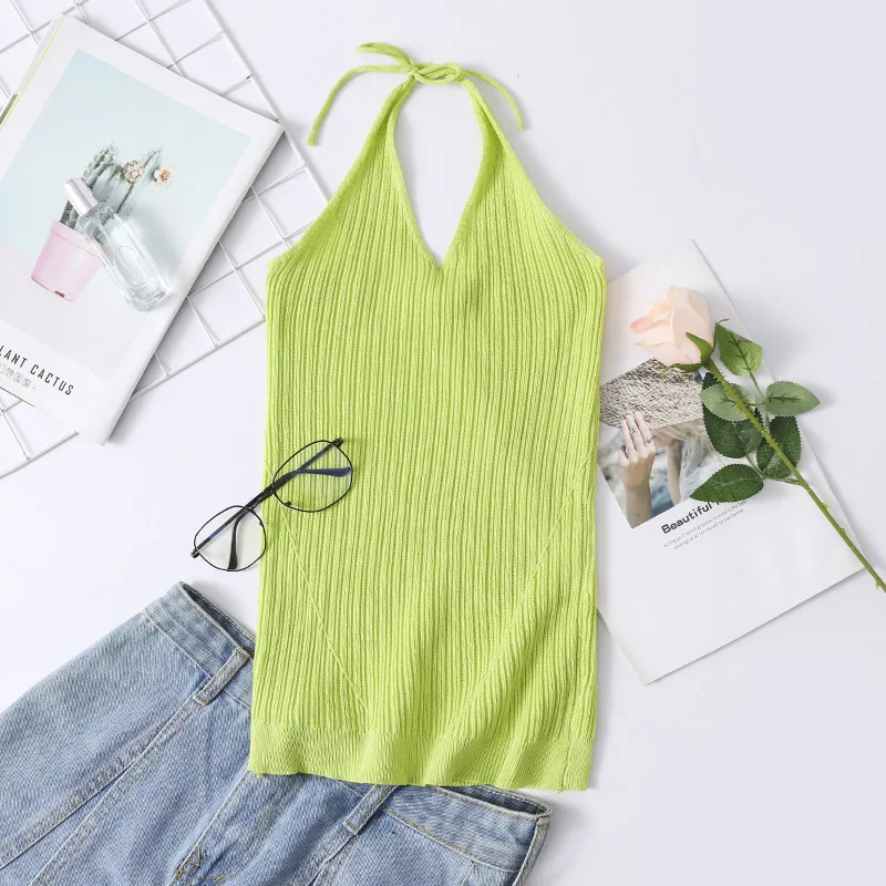 Женский трикотажный топ с лямкой на шее летние вязаные топы в полоску базовая