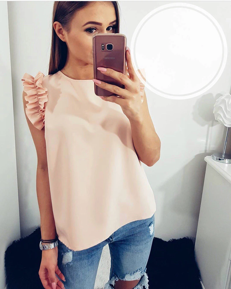 2019 летняя модная женская однотонная Свободная блуза с круглым вырезом и