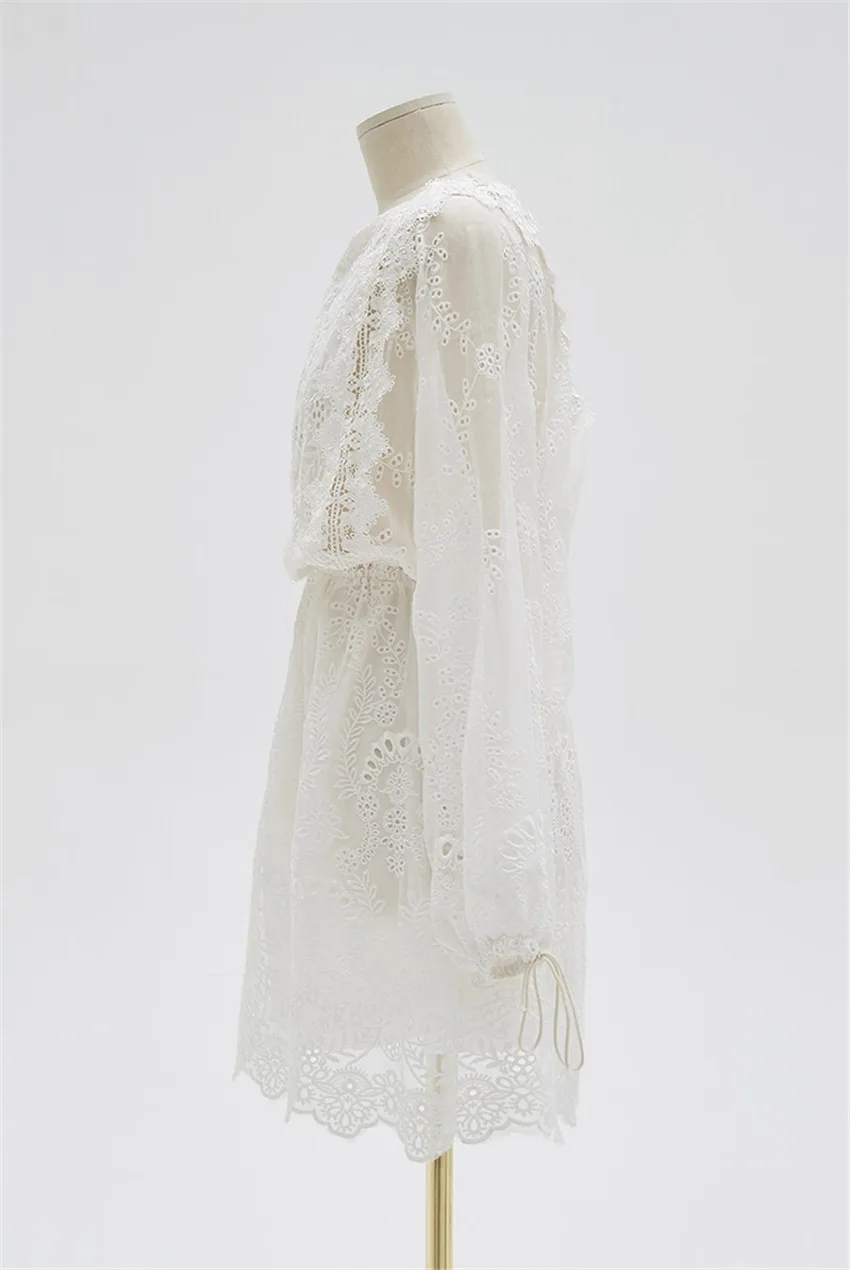 Spring Long Sleeve White Embroidery Lace Mini Dress Backless Cute Mini Lace Short Women Dress