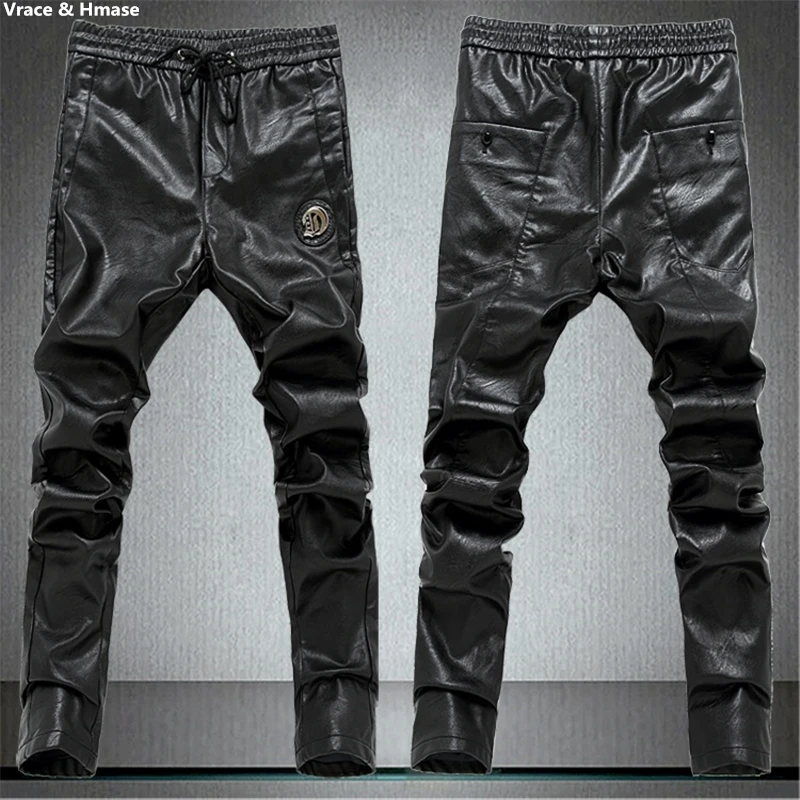 

New arrival 2017 top fashion popular boutique locomotive jeans Personalized casual straight slim quality PU leather jeans men