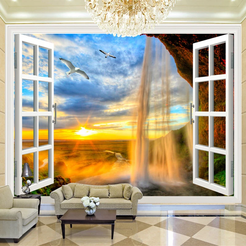 

3D обои снаружи окна, Красивый водопад, природа, пейзаж, фотообои, гостиная, домашний декор, обои 3 D