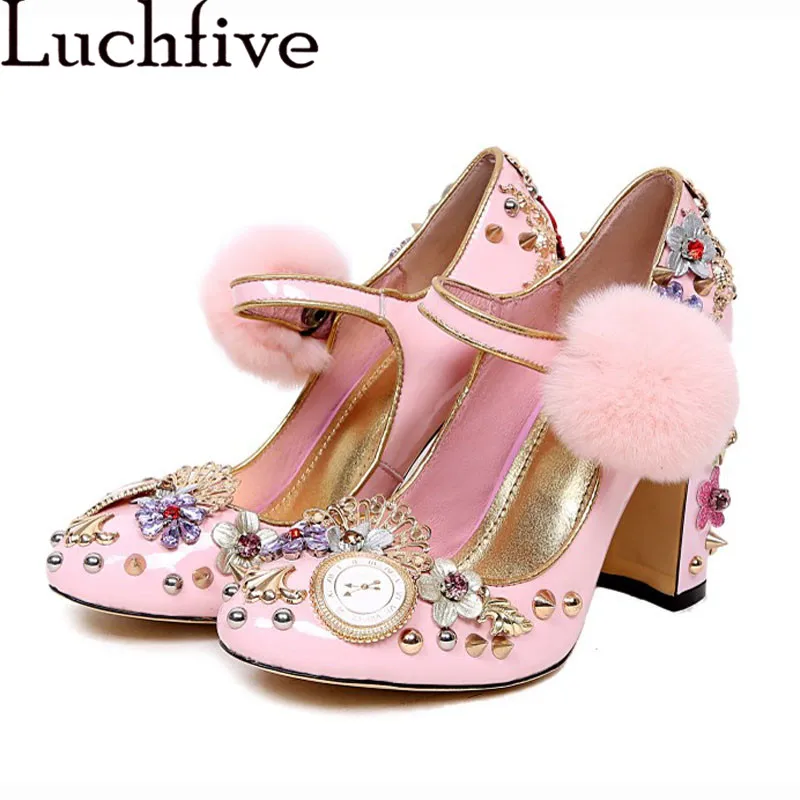 Розовые женские туфли-лодочки с заклепками и шипами Туфли Mary jane на высоком