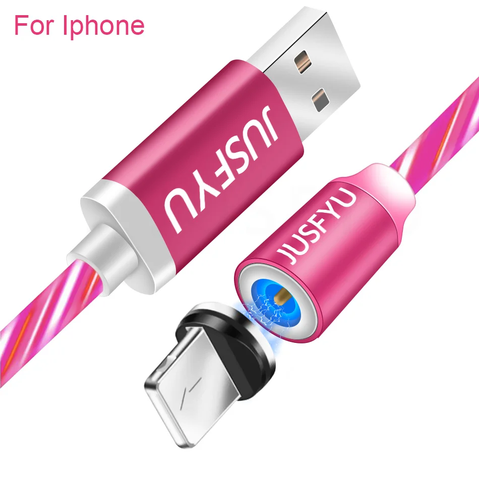 For iPhone Red Магнитный usb-кабель со светящимся потоком для iPhone XS MAX XR 7 8, зарядное устройство Micro type C для быстрой зарядки, Магнитный зарядный USB-C type-C - Цвет: For iPhone Red