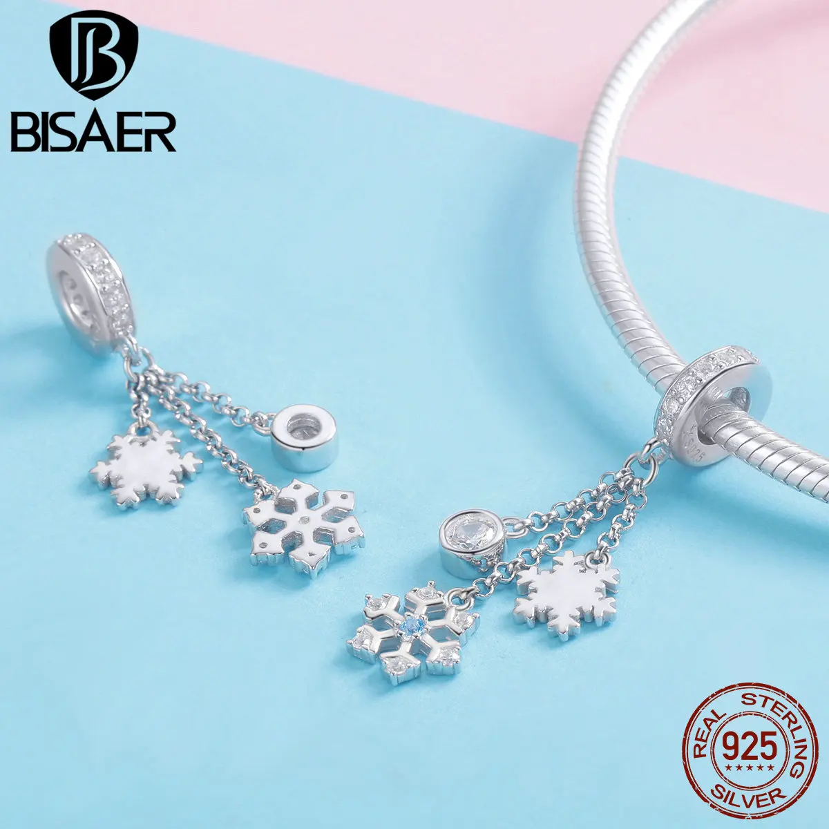 BISAER Зимняя коллекция 925 пробы Серебряные Снежинки Подвески кисточкой Рождественские снежинки Бусины Подходят серебро 925 ювелирные изделия ECC1020