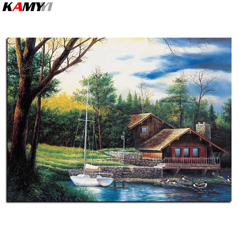 5D Diy алмазная живопись вышивка крестиком дом лес озеро полная квадратная