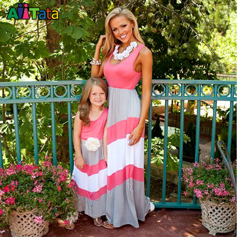 MVUPP/платья для мамы и дочки платье макси в полоску девочек пляжное мозаичном