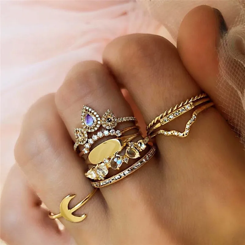 Женский комплект колец средней длины 9 шт./компл. в стиле панк с Луной капелькой