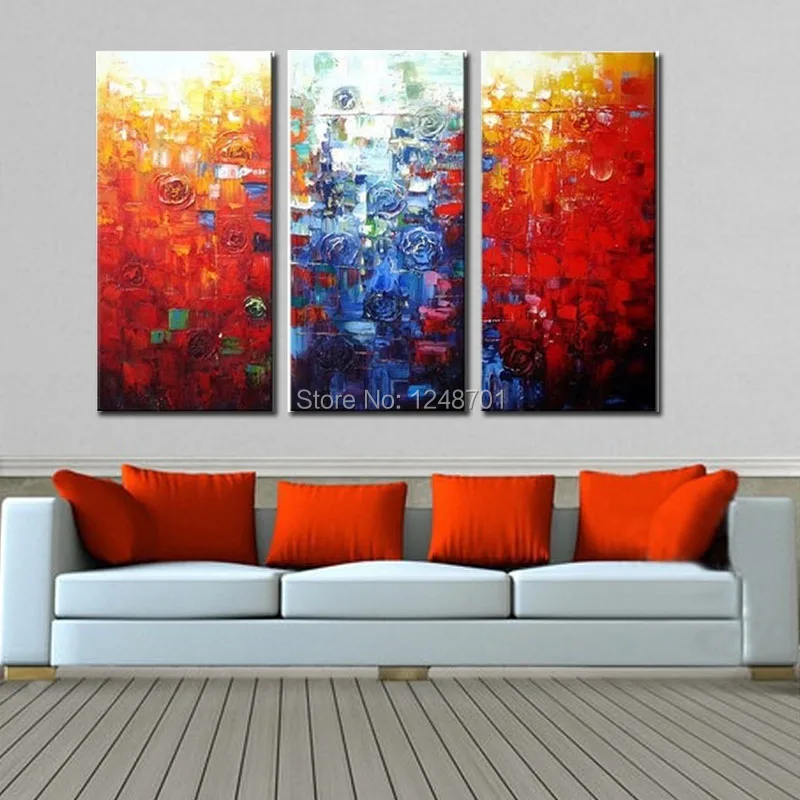

Handpainted abstract three pieces flower canvas oil painting red and blue Modern home hotel wall decoration art