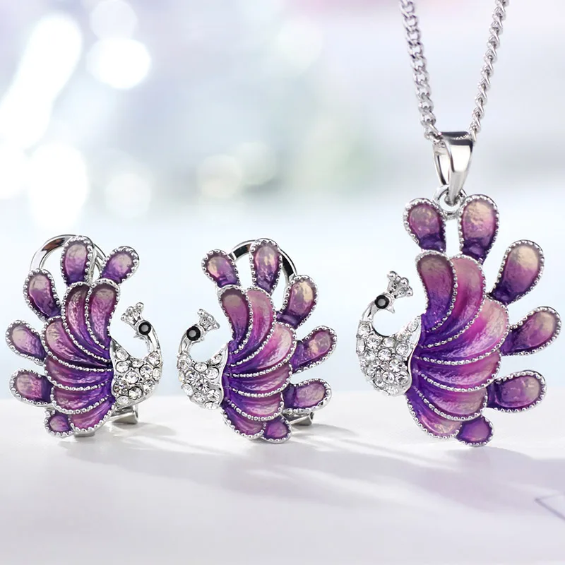 Neoglory чешские Стразы и эмаль набор ювелирных изделий фиолетовый павлин Стильное