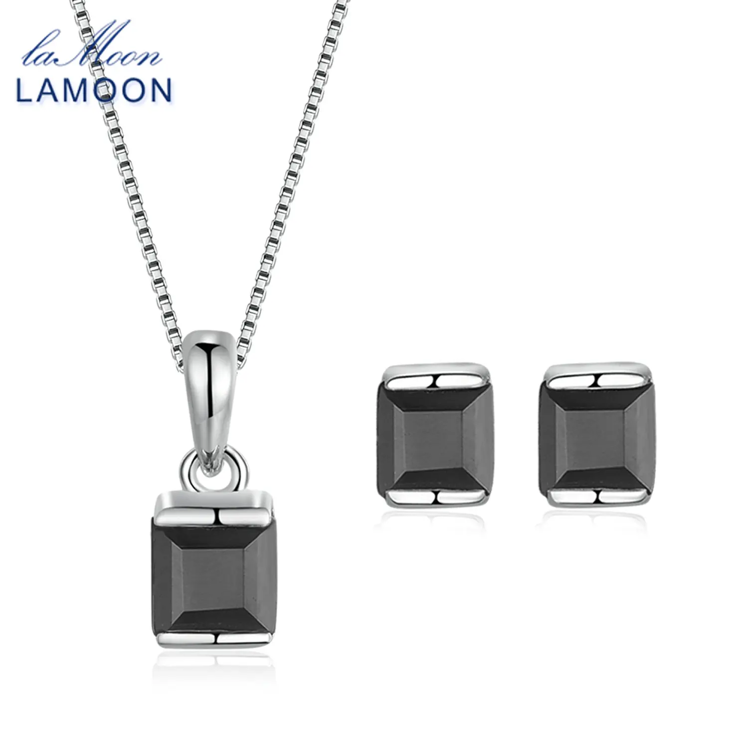 LAMOON 4 мм 0 6x2 ct Природный Черный халцедон 925 пробы Серебряный Простой комплект