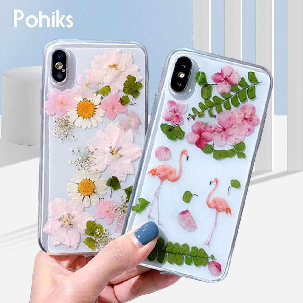 Прозрачный чехол Pohiks для iphone XR XS настоящий мягкий с высушенными цветами iPhone Max X 6 6s