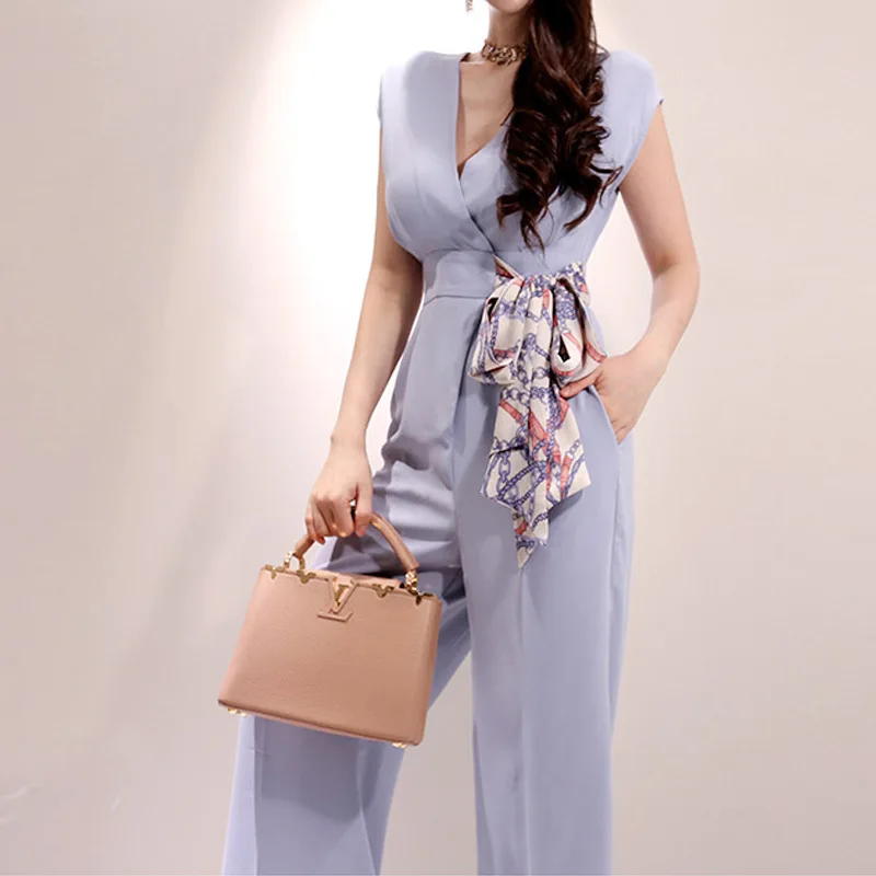 Female Large Size Solid Elegant Loose V-neck Short Sleeve Jumpsuit Summer 2022 Trousers Women Casual Long Pants with Sashes