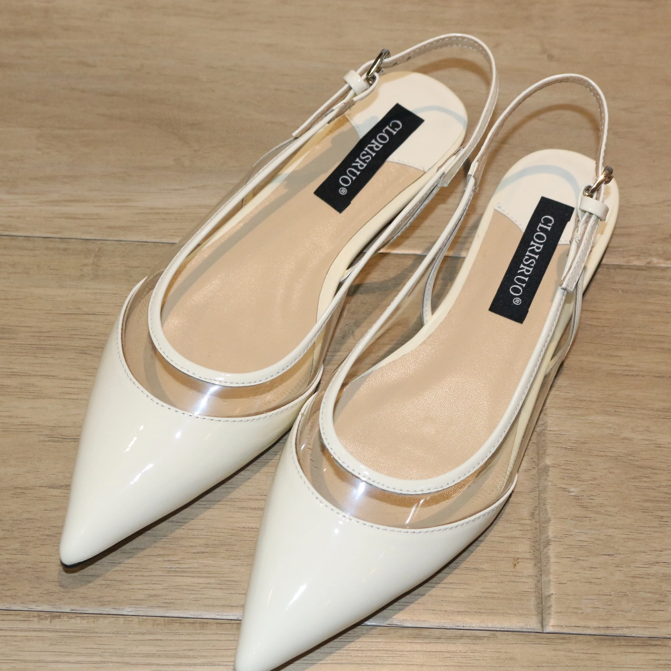 

2019 Fashion Women Genuine Leather Flats Pointed Toe Women with Soft Plastic Flat Designer Shoes White Pale ivory Color