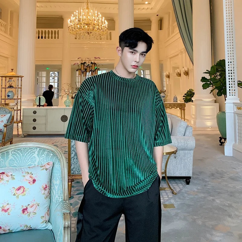 Male Streetwear Hip Hop Loose Casual Solid Tshirt Tees Shirts Men Summer Short Sleeve Velvet Striped T Shirt | Мужская одежда