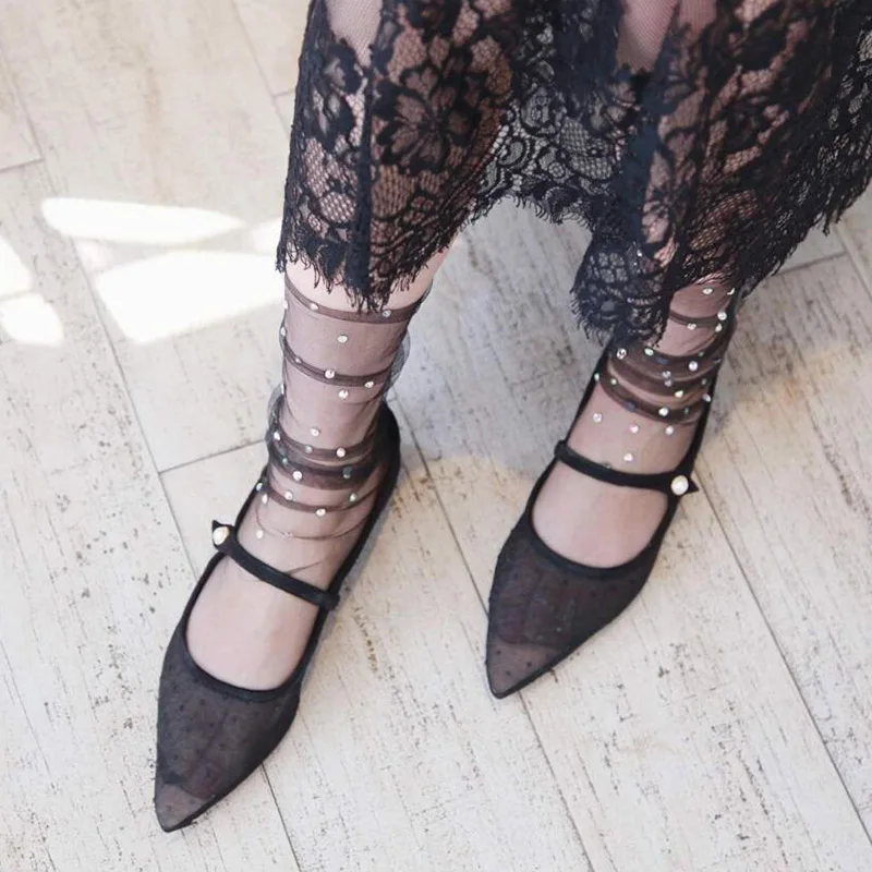 ZZIYEETTM 1 Pair Summer Trendy Romantic Shiny Socks Breathable Chic Glitter Crystal Ultra-thin Lace for Girls | Женская одежда