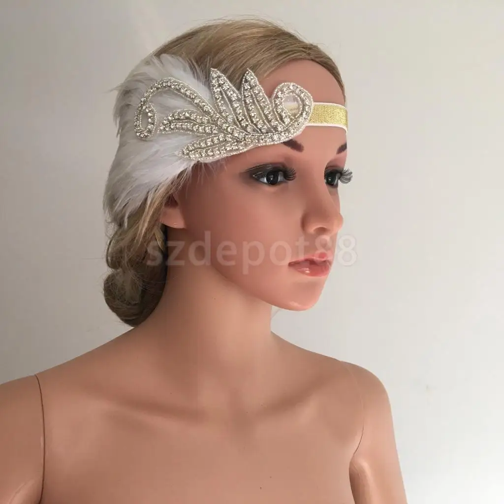 1920s большой Гэтсби белый перо Чародей головной убор Хлопушка повязка на голову кристалл эластичная Золотая лента свадебное нарядное платье аксессуар
