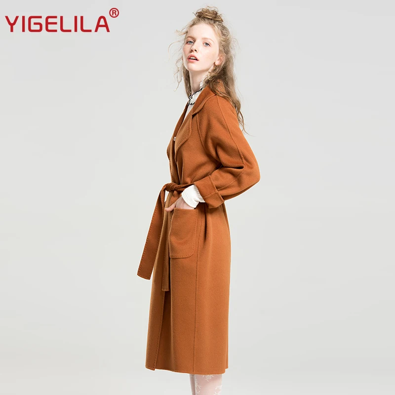 YIGELILA последние 2017 Для женщин модные однотонные Шерстяное пальто отложным