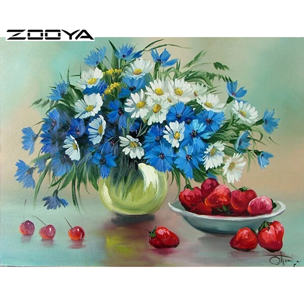 

ZOOYA 5D DIY Cross Stitch Kit Painting Home Decor Ribbon Cross Needlework Blue Flowers &Fruit Unfinished Diamond Embroidery F415
