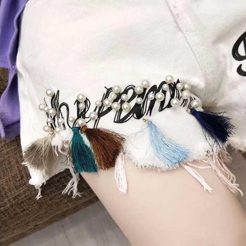 Harajuku женские короткие feminino джинсы с завышенной талией бисером Шорты Большие