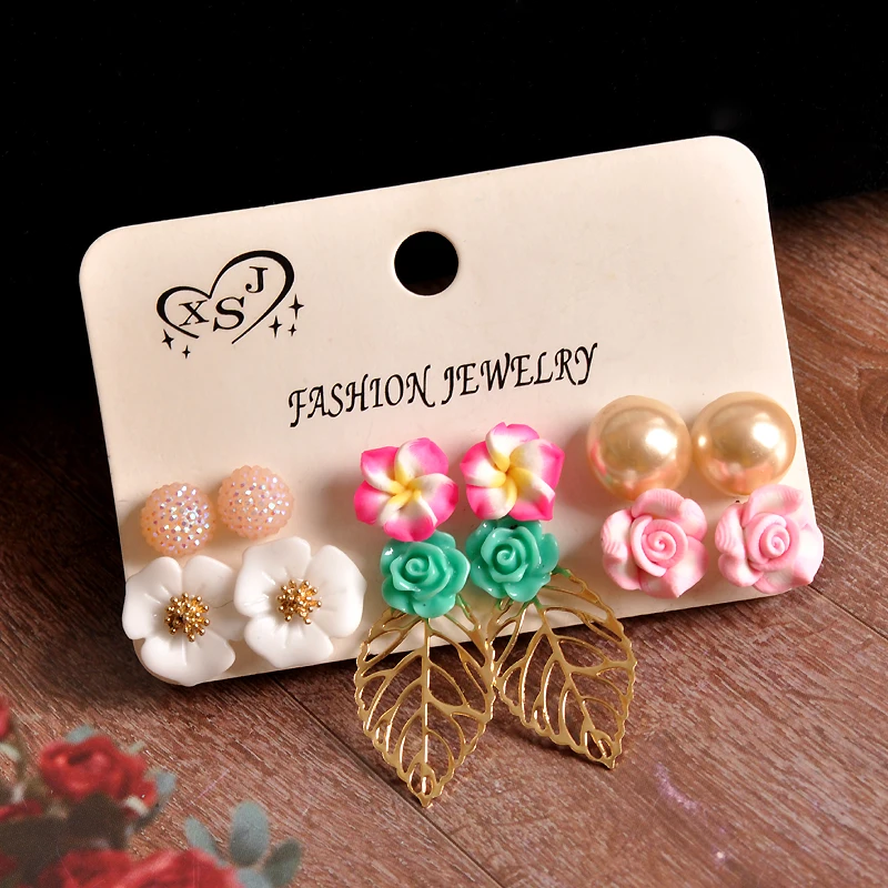New hot fashion woman jewelry wholesale Girl Birthday Party pearl ear nail flower pattern with 6 pairs of /set lovers' Earrings |