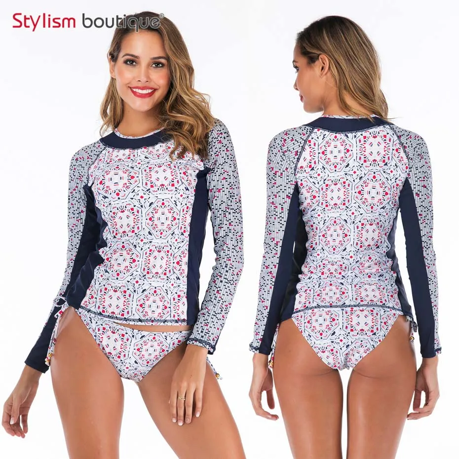New Rashguard Padded Long Sleeve Swimsuit Surfing Rash Guard Women Two Piece Swimwear Separate Tankini Sport Bathing Suit