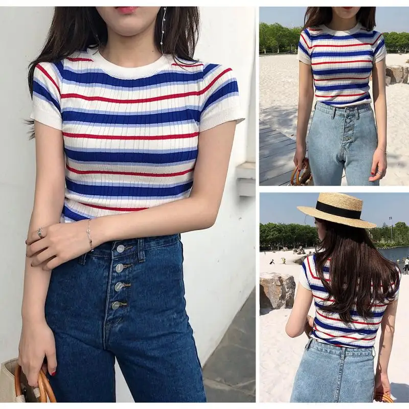 Классическая Летняя женская футболка в синюю и белую полоску стиле ретро с