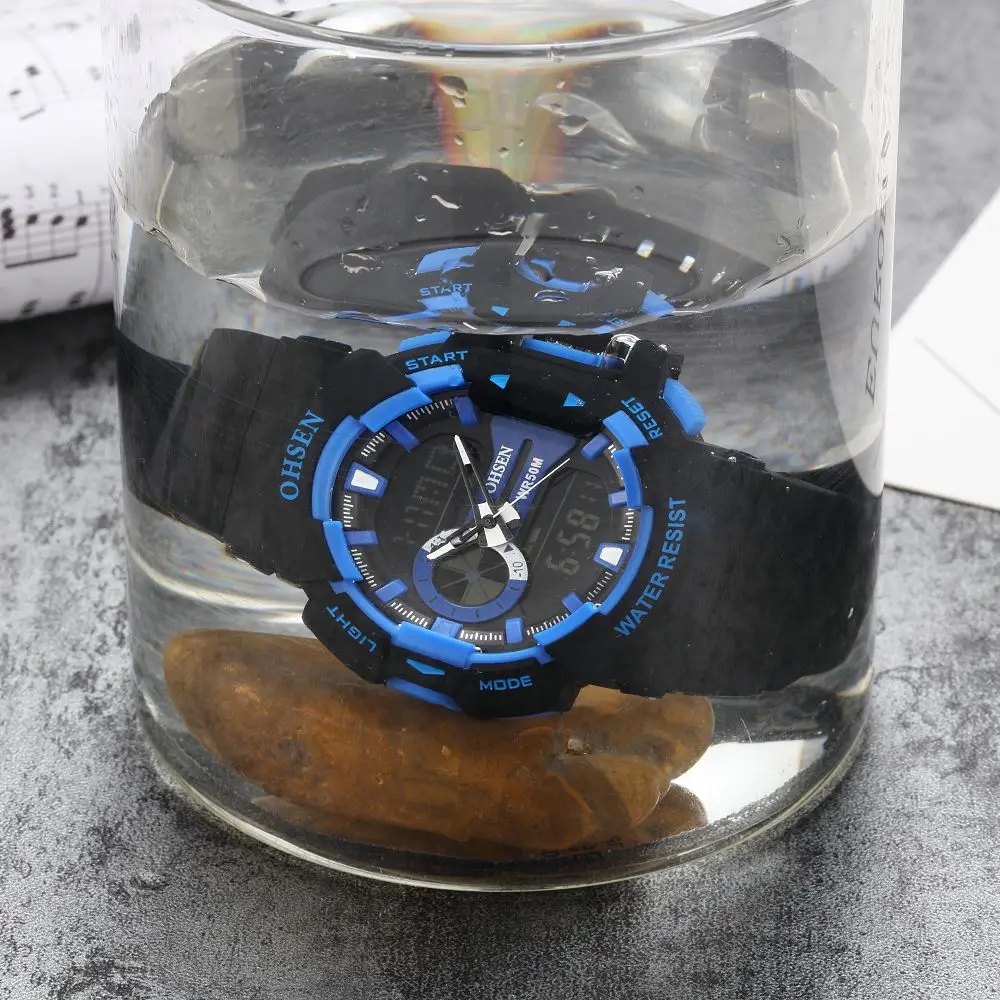 Ohsen мужские кварцевые часы цифровой бренд синий циферблат силиконовый ремешок