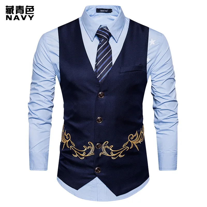 Men Floral Embroidery Vest Fashion Sleeveless Waistcoat Wedding Party Business Gilet Homme Male Single Buttons Suit Jacket XXL
