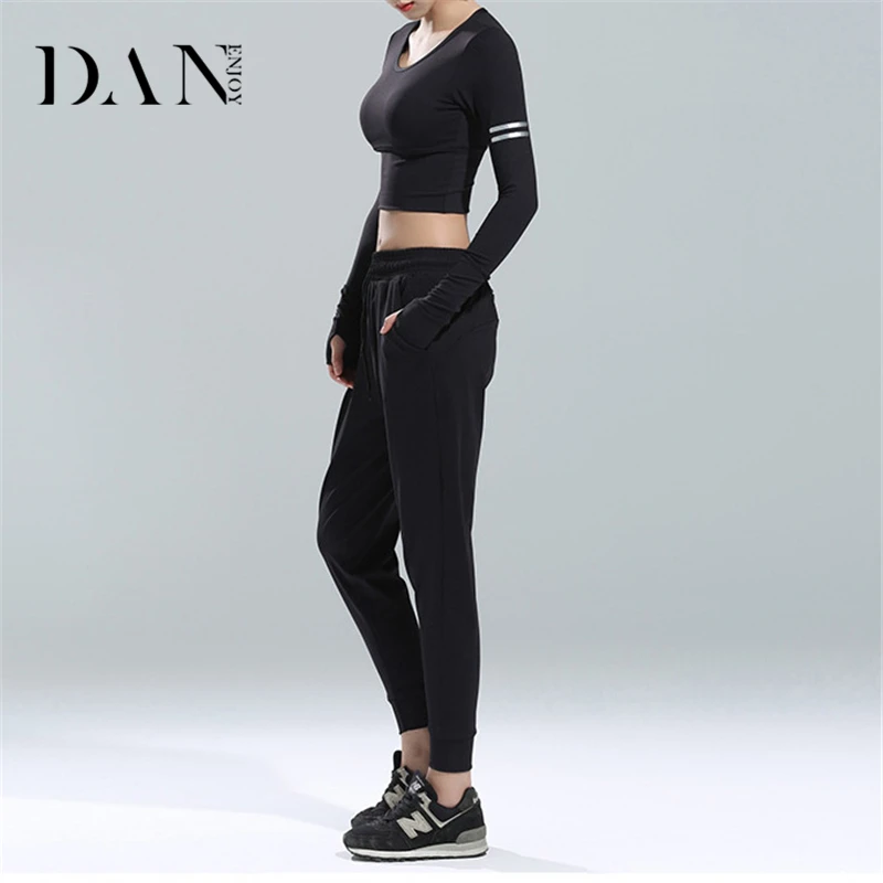 Danenjoy длинные Кальсоны йоги Свободные шаровары Drawstring Фитнес сплошной черный