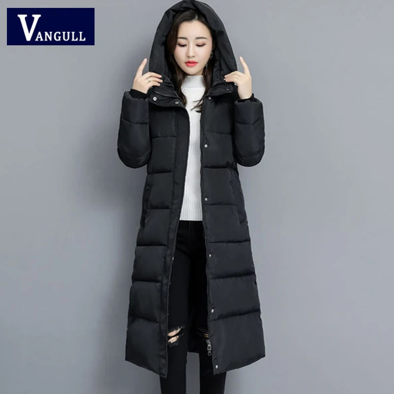 Vangull зимние женские парки пальто Повседневная Длинная Куртка с капюшоном и