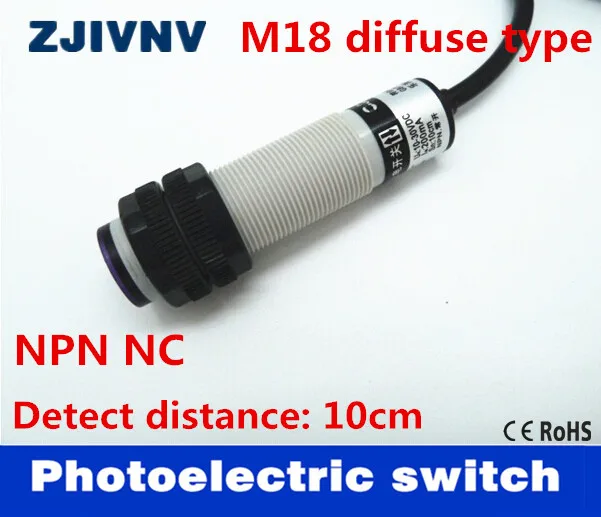 

M18 diffuse reflection type NPN NC DC10-30V 3 wires photoelectric sensor switch detect distance 10cm, CE approval G18-3A10NB