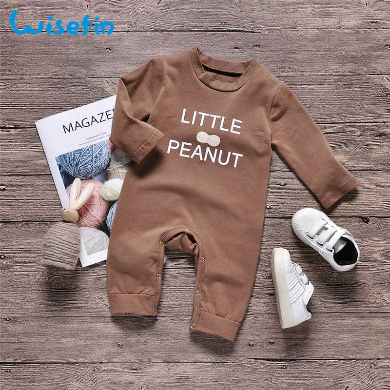 Wisefin/комбинезон унисекс для новорожденных мальчиков и девочек, коричневый комбинезон с длинными рукавами и буквенным принтом для маленьких мальчиков, Осенний милый детский комбинезон для девочки, комбинезон